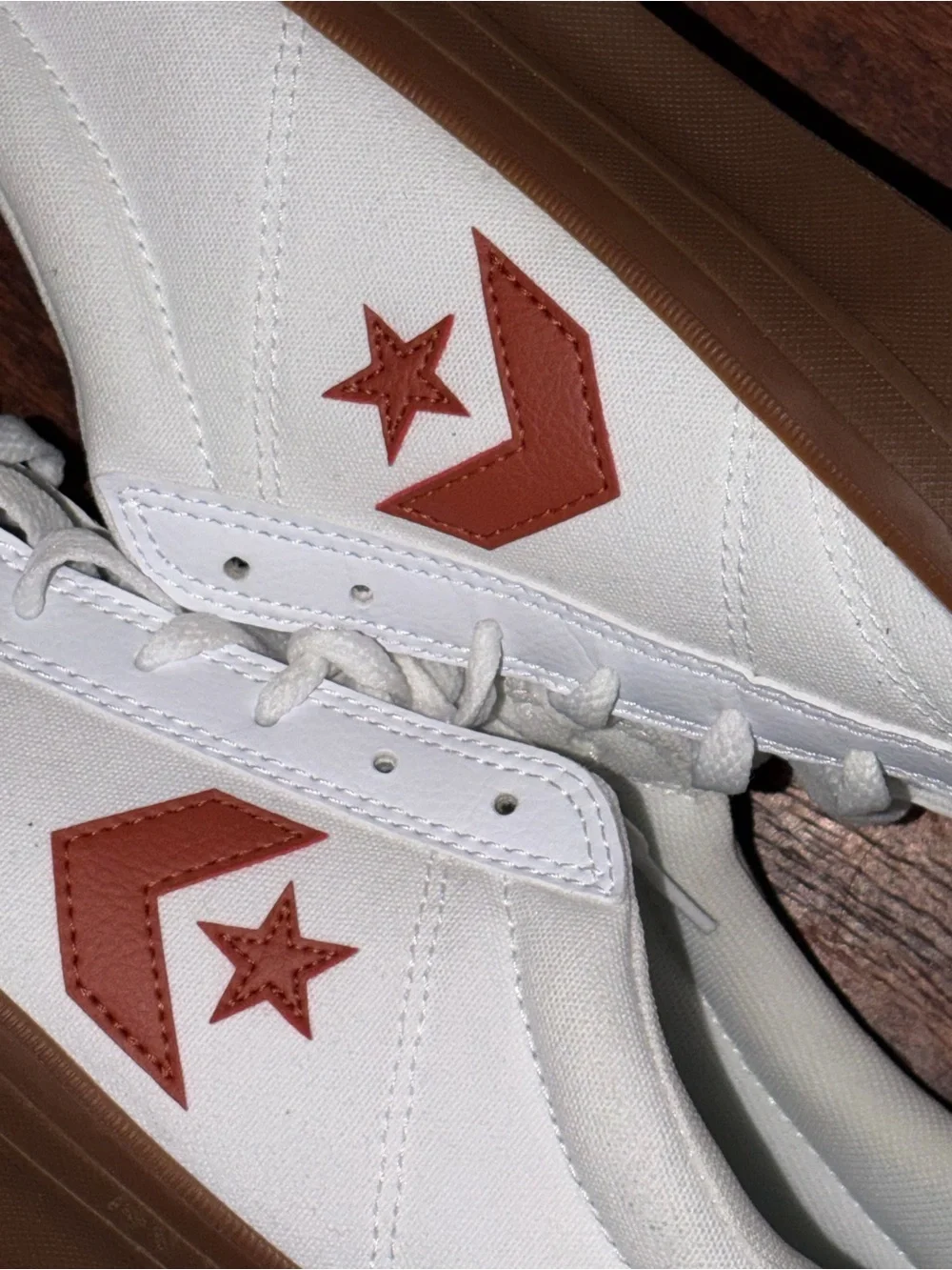 Converse White Canvas Low Top Sneakers with Brown Gum Sole and Rust Accents